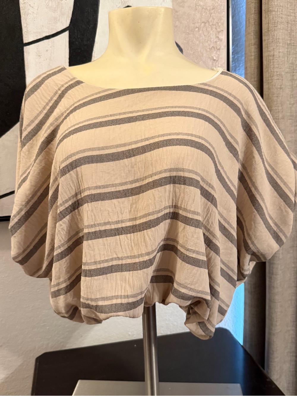 BUCKETLIST Beige and Gray Striped Boatneck Cropped Blouse